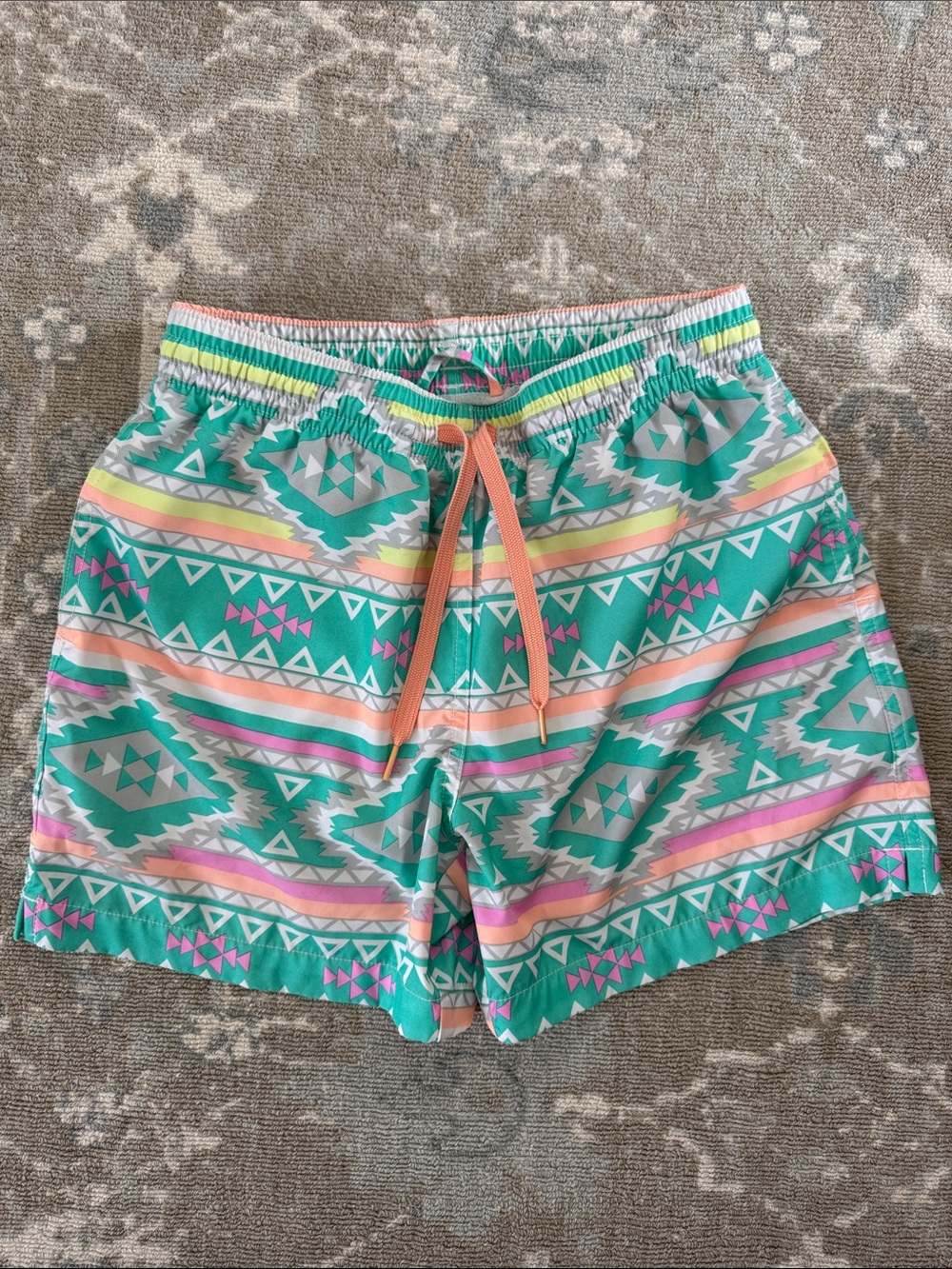 Chubbies Men’s Aqua Aztec Print Swim Shorts with Coral Drawstring
